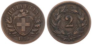 Switzerland, Confederation, 2 Rappen Bronze 1850, Cross in shield within sprigs, KM 4.1, VF