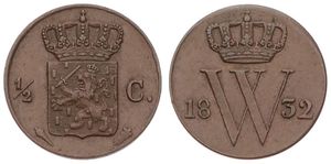 Netherlands, Kingdom, William I, 1/2 Cent Copper 1832, Crowned arms, KM 51, A.XF