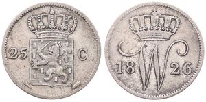 Netherlands, Kingdom, William I, 25 Cents Silver 1826, Crowned arms, KM 48, A.VF
