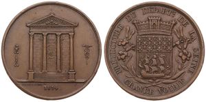 France, First Empire, Napoleon, Medal in Copper 1814 by Desnoyers, Grande Voirie de Paris, Temple flanked by scepter and caduceus / Crowned arms within flower wreath, VF
