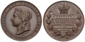Great Britain, Kingdom, Victoria, Medal in Copper 1887 by Heaton, Golden Jubilee, Diademed and veiled bust left within circle / Radiant crown and legend in 7 lines, UNC