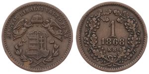 Hungary, Kingdom, Franz Joseph I, 1 Krajczar Copper 1868KB, Angels holding crowned arms, KM 441.1, VF