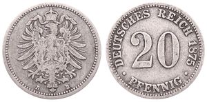 Germany, Empire, Wilhelm I, 20 Pfennig Silver 1875B, Crowned imperial eagle, KM 5, A.VF