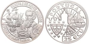 Portugal, Republic, 25 Ecu Silver 1996, Pedro Alvares Cabral and Sailing ships, KM X 53, PROOF
