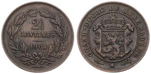 Luxembourg, Grand Duchy, William III, 2-1/2 Centimes Bronze 1901, Crowned shield within rope wreath, KM 21 with BARTH on reverse, XF