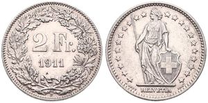 Switzerland, Confederation, 2 Francs Silver 1911, Standing Helvetia, KM 21, VF+