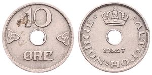 Norway, Kingdom, Haakon VII, 10 Ore Copper-Nickel 1927, Crown above center hole, KM 383, KEY DATE, VF (edgenick)