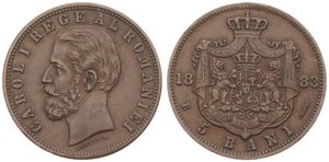 Romania, Kingdom, Carol I, 5 Bani Copper 1883B, Bearded head left, KM 19, XF