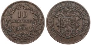 Luxembourg, Grand Duchy, William III, 10 Centimes Bronze 1865A, Crowned shield within rope wreath, KM 23.2, VF