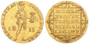 Netherlands, Trade Coinage, 1 Ducat Gold 1815, Standing knight holding bundle of arrows and sword / Legend in 5 lines within decorated square, KM 45 Utrecht, XF (*)