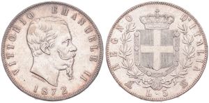 Italy, Kingdom, Vittorio Emanuele II, 5 Lire Silver 1872M BN, Bearded head right, KM 8.3, VF