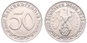 Germany, Third Reich, 50 Reichspfennig Nickel 1938A, Eagle above swastika within circle, KM 95, XF