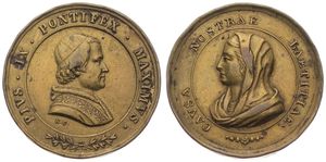 Italian States, Papal States, Pius IX, Medal in Bronze ND by N.C., Causa Nostrae Laetitiae, Bust of the Pope right within circle / Bust of the Virgin left within circle, VF