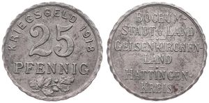 Germany, Emergency Coinage, Bochum - Gelsenkirchen - Hattingen, 25 Pfennig Iron 1918, Value above sprig / Legend in 6 lines, XF