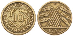 Germany, Weimar Republic, 10 Rentenpfennig Aluminum-Bronze 1923F, Denomination within square, oak leaf on each side, KM 33, KEY DATE, Fine (slightly cleaned)