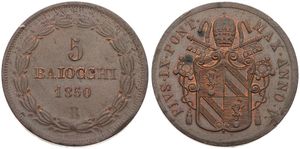 Italian States, Papal States, Pius IX, 5 Baiocchi Copper 1850-VR, Papal arms, KM 1346, XF