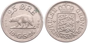 Greenland, Danish Colony, 25 Ore Copper-Nickel 1926, Polar bear walking left, KM 5, XF
