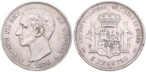 Spain, Kingdom, Alfonso XII, 5 Pesetas Silver 1876 (76), Head left, KM 671, VF