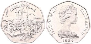 Isle of Man, British Dependency, Elizabeth II, 50 Pence Copper-Nickel 1984, Christmas - Train and passengers, KM 127, UNC