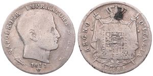 Italian States, Kingdom of Napoleon, Napoleon I, 1 Lira Silver 1811V, Head right, KM 8.3 (Venice), RARE KEY DATE, A.F