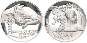 Netherlands, Kingdom, Beatrix, Medal in Silver 2000 by Eric Claus, EMC Medal, 200 Years Rijksmuseum in Amsterdam - ' De Bedreigde Zwaan ' / Europe and Bull, PROOF 