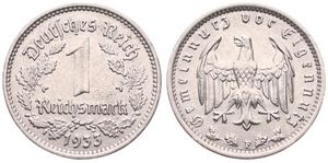 Germany, Third Reich, 1 Reichsmark Nickel 1933F, Eagle with wings spread, KM 78, A.XF