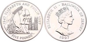 Jersey, British Dependency, Elizabeth II, 5 Pounds Copper-Nickel 1997, Queen's Golden Wedding Anniversary, KM 100, UNC