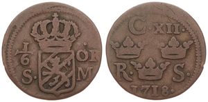 Sweden, Kingdom, Carl XII, 1/6 Ore Copper 1718, Crown above Rampant Lion, KM 334, F/VF