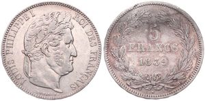 France, Second Kingdom, Louis Philippe I, 5 Francs Silver 1839B, Laureate head right, KM 749.2 (Rouen), XF