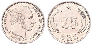 Denmark, Kingdom, Christian IX, 25 Ore Silver 1900/800, Head right, KM 796.2, XF/AU
