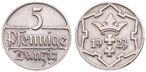 Danzig, Free City, 5 Pfennig Copper-Nickel 1923, Crowned arms within snowflake design, KM 142, A.UNC
