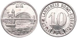 Germany, Emergency Coinage, Bonn-Siegkreis, 10 Pfennig Iron 1919, Date above view of the Rhein Bridge / Denomination surrounded by legend, UNC
