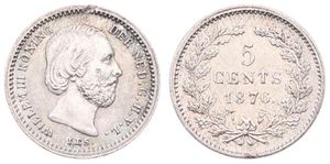 Netherlands, Kingdom, William III, 5 Cents Silver 1876, Bearded head right, KM 91, A.XF