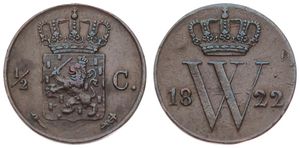 Netherlands, Kingdom, William I, 1/2 Cent Copper 1822, Crowned arms, KM 51, VF+