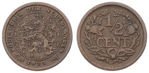 Netherlands, Kingdom, Wilhelmina I, 1/2 Cent Bronze 1915, Rampant lion within beaded circle, KM 138, SCARCER DATE, A.XF