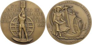 Portugal, Republic, Medal in Bronze 1983 by V. Barardo, 17th National Exhibition for art and culture / Explorer and Sailing Ship, HIGH RELIEF, UNC