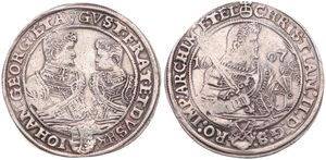 German States, Saxony, Christian II, 1 Thaler Silver 1607HR, Armored bust holding sword & helmet right within circle / Armored busts facing one another, KM 24, VF