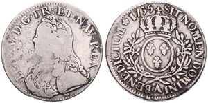 France, Kingdom, Louis XV, 1 Ecu Silver 1735A, Uniformed bust left, KM 486.1 (Paris), Fine