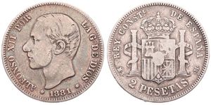 Spain, Kingdom, Alfonso XII, 2 Pesetas Silver 1881 (81), Head left, KM 678.2, A.VF