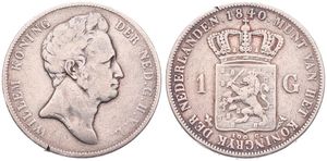 Netherlands, Kingdom, William I, 1 Gulden Silver 1840, Head right, KM 65, SCARCE, A.VF