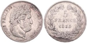 France, Second Kingdom, Louis Philippe I, 5 Francs Silver 1835T, Laureate head right, KM 749.12 (Nantes), KEY DATE, VF