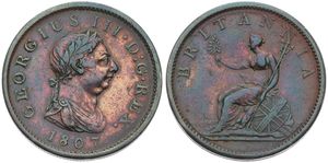 Great Britain, Kingdom, George III, 1 Penny Copper 1807, Laureate bust right, KM 663, VF+
