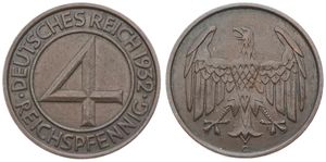 Germany, Weimar Republic, 4 Reichspfennig Bronze 1932G, Large denomination within circle, KM 75, VF