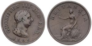 Great Britain, Kingdom, George III, 1 Farthing Copper 1806, Laureate bust right, KM 661, VF