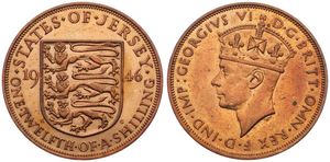 Jersey, British Dependency, George VI, 1/12 Shilling Bronze 1946, Crowned head left, KM 18, UNC