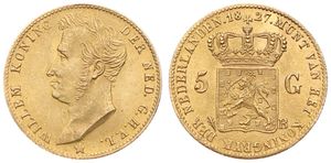 Netherlands, Kingdom, William I, 5 Gulden Gold 1827B, Head left / Crowned arms, KM 60 Brussels, A.UNC (*)