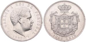 Portugal, Kingdom, Carlos I, 1000 Reis Silver 1899, Head right, KM 540, A.UNC