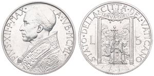 Vatican City, City State, 5 Lire Aluminum 1950, Standing Pope within Holy Year Door, KM 46, UNC