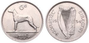 Ireland, Irish Free State, 6 Pence Nickel 1934, Irish Wolfhound, KM 5, SCARCE DATE, XF