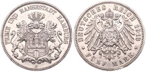 German States, Hamburg, Free City, 5 Mark Silver 1913J, Helmeted arms with lion supporters, KM 293, XF